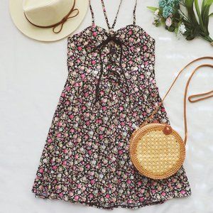 Tailored Retro Floral Cotton Poplin Dress Black Rose size XS